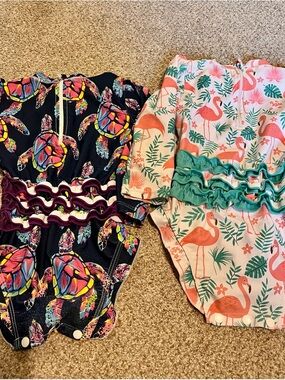 Girls Rash Guard One-Piece Swim Set - Turtle Print Navy & Flamingo Pink 18 month
